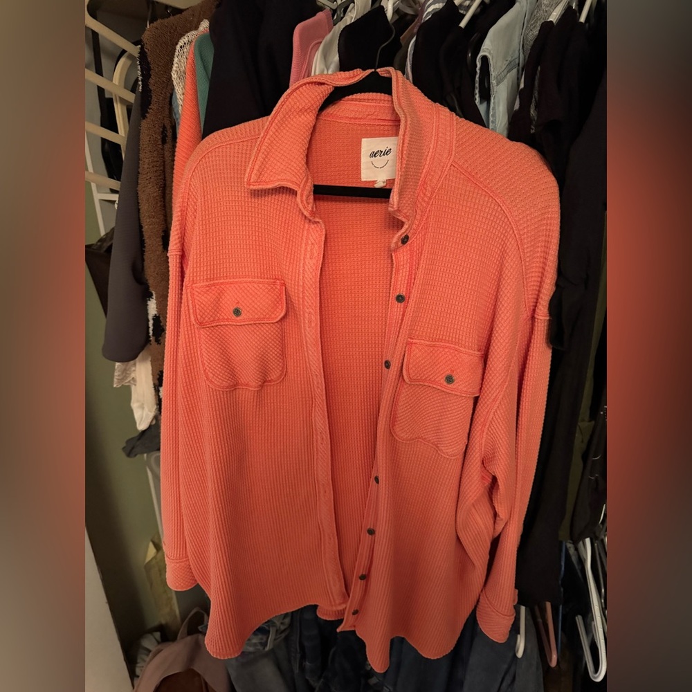 aerie Coral Waffle-Knit Button-Down Shirt